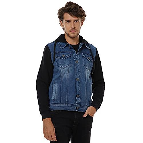 campus sutra men's black & blue medium-wash denim jacket with sweatshirt sleeve for casual wear | hooded neck | long sleeve | button closure | cotton jacket crafted with comfort fit for everyday wear