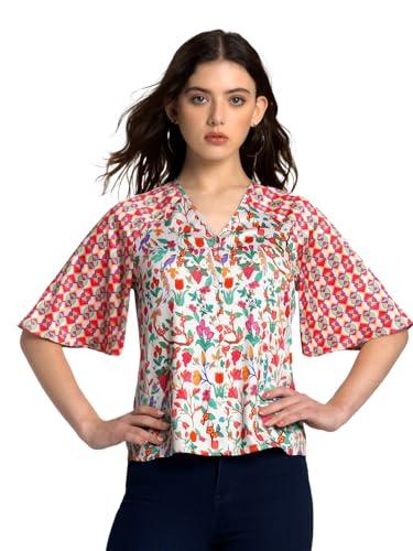 shaye beige casual short sleeves v-neck peacock printed top for women