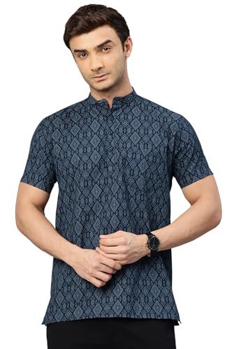 majestic man slim fit ethnic motifs cotton printed half sleeve short kurta (x-large, navy blue)