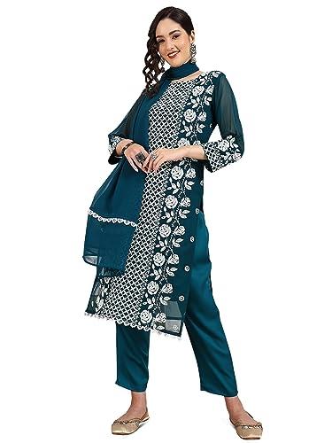 ethnicjunction youthnic women's lucknowi chikankari embroidered georgette straight kurta pant and dupatta set(skd4-panel-teal_m)