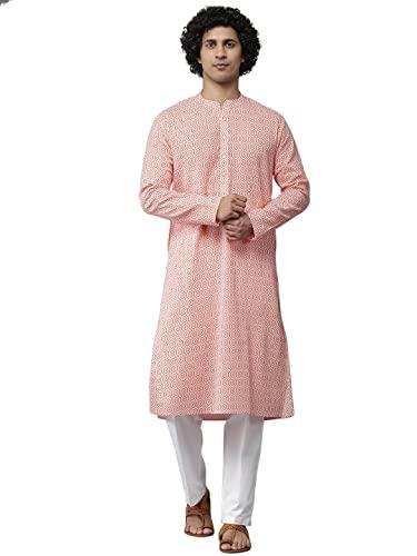 see designs peach & white cotton regular fit mandarin collar printed kurta set long sleeves_sdkt107301s