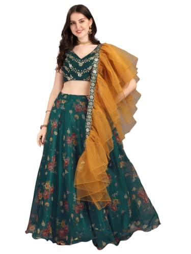 fashion basket women's floral organza semi stitched green lehenga choli