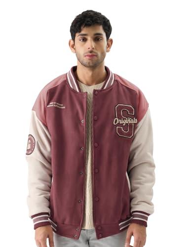 the souled store pink men and boys long sleeve button front oversized fit printed varsity jackets