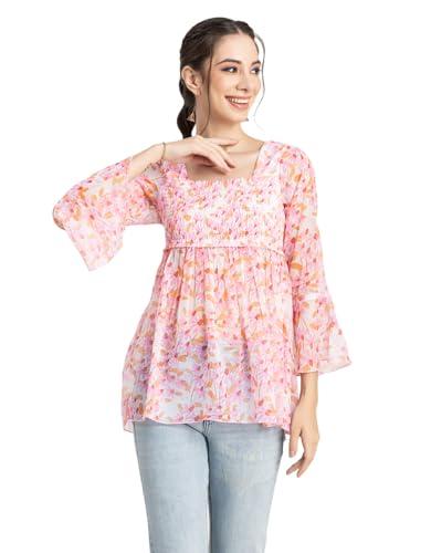 moomaya women printed smocked square neck top, bell sleeves ruffled long top