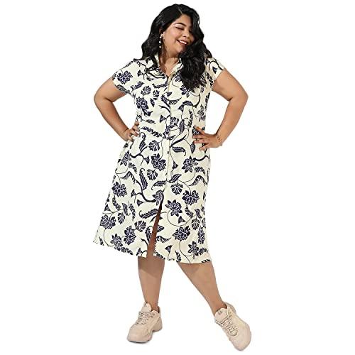 instafab plus women's off-white dendritic print dress for casual wear | short sleeve | plus-size midi length dress crafted with comfort fit and high performance for everyday wear