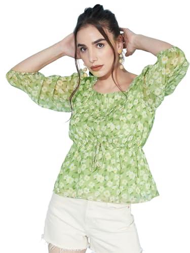 selvia women's 3/4 sleeve georgette square neck peplum top(378tk7122n-l_green)