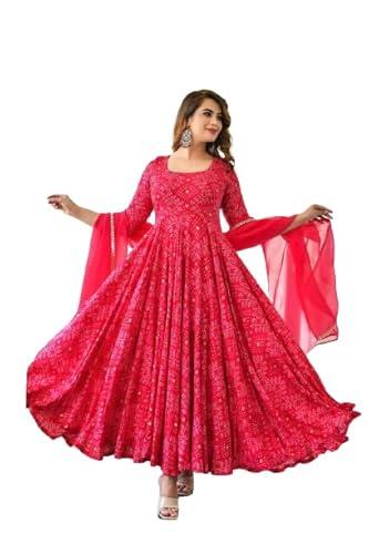 fashonia trendy stylish bandhani printed flared round neck three quarter sleeve in rayon fabric gown with dupatta set pink