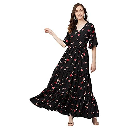 rare women's crepe fit and flare maxi casual dress (ep6216_black_x-large)