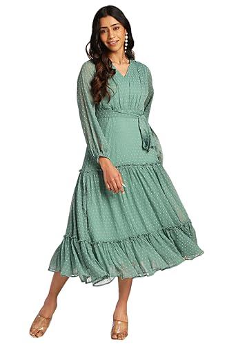 janasya women's sage dobby chiffon solid tiered dress(jne4379-dr-xs)