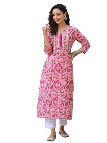 rytras women's cotton printed straight kurta(pink,l)