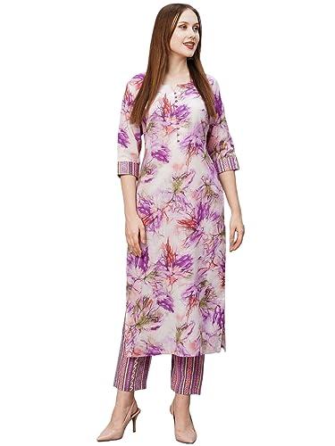 anni designer women's cotton blend printed straight kurta with pant (ps-purple_l_purple_large)