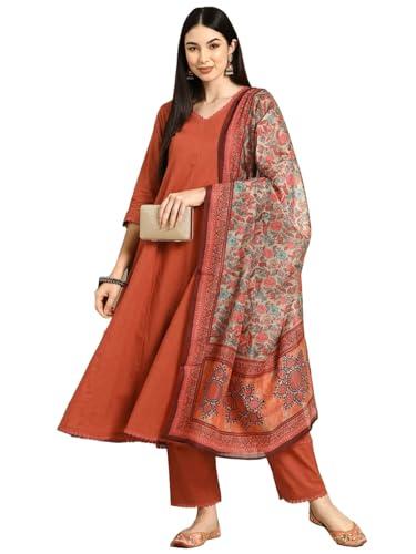 anni designer women's cotton blend anarkali solid kurta with pant & dupatta (utsav peach_m_peach_medium)