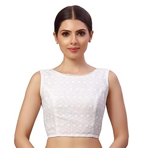 studio shringaar women's cotton sleeveless chikankari embroidery saree blouse(white, 36)