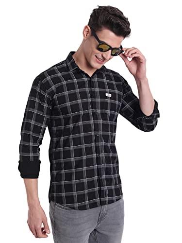 majestic man slim fit cotton casual check shirt for men (xxx-large, bright black)