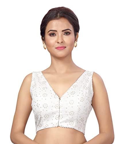 studio shringaar women's readymade cotton chikankari padded sleeveless saree blouse (white, 36)