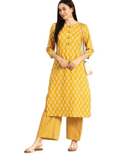 meera fab women's cotton printed floral straight kurta with palazzo yellow