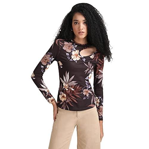 kazo crochet poly blend round neck women's top (brown,large)