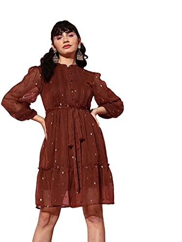 ishin women's chiffon brown lurex embellished a-line belted dress