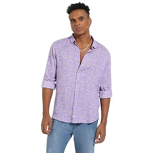 campus sutra men's lavender minimal aztec shirt for casual wear | spread collar | long sleeve | button closure | heavy rayon shirt crafted with comfort fit for everyday wear