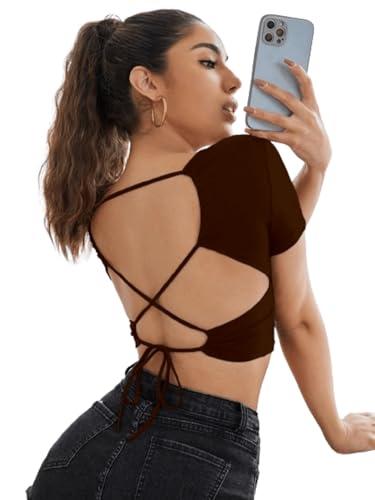 aahwan brown solid criss cross tied backless crop top for women's &girl's(272-brown-s)