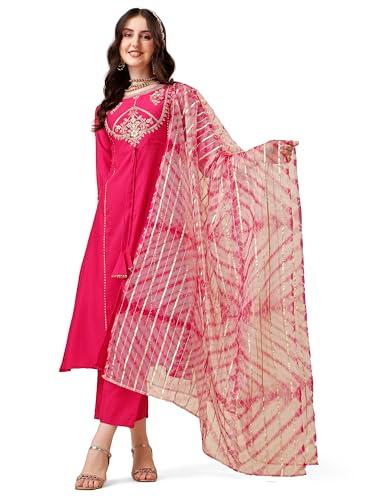 ethnicjunction women's chinon embroidered straight front slit kurta palazzo & organza dupatta set(skd36-begum-pink_xl)