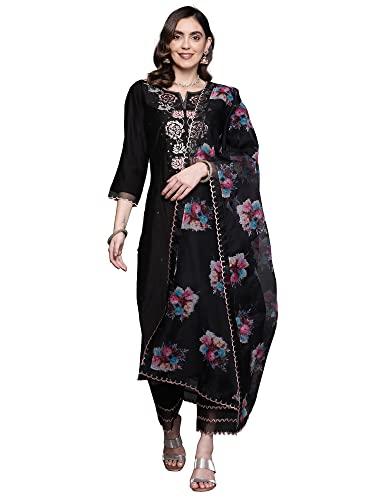 indo era women's viscose embroidered straight kurta trouser with dupatta set (black_kh1bk5076_medium)