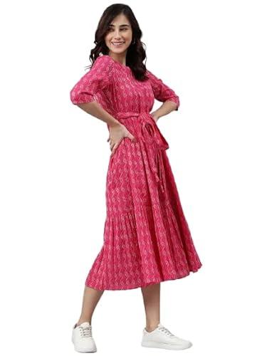 printed women's casual wear western midi dress (x-large, pink)