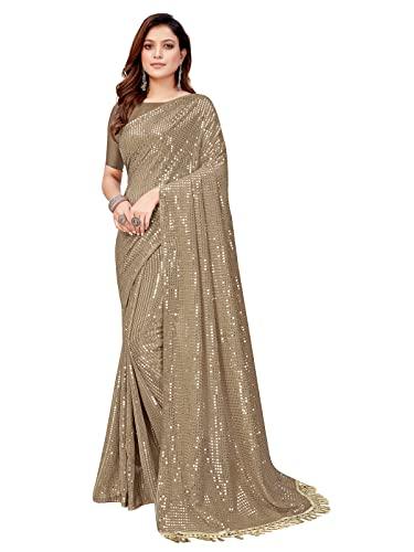 pratham blue women's sequins georgette fancy saree with blouse piece (pb-234_beige)