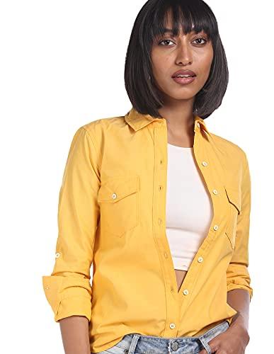 women yellow spread collar solid casual shirt