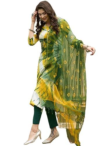 anni designer women's cotton blend straight printed kurta with pant & dupatta (kerul yellow_m_yellow_medium)