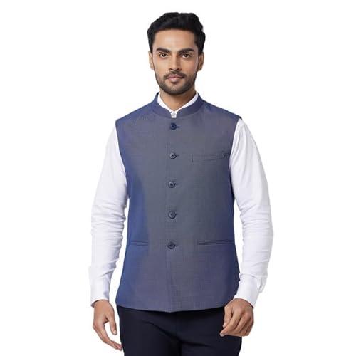 raymond men's contemporary fit checks pattern polyester blend sleeveless dark blue ceremonial waist coat