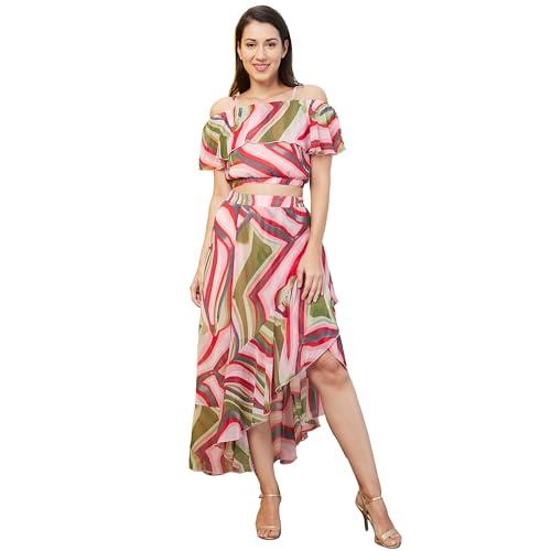 globus women pink printed co-ord with strappy off-shoulder top & skirt-3640697002