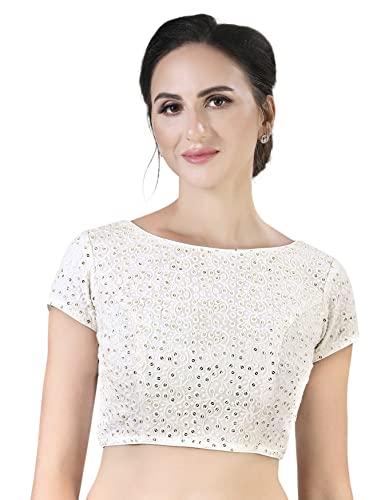 studio shringaar women's white chikan work viscose embroidered short sleeve saree blouse (white, 36)