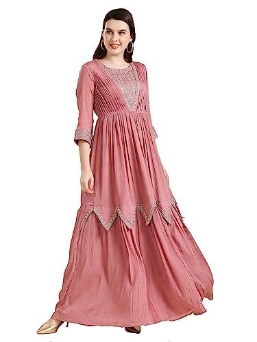 madhuram women's chinon chiffon traditional ethnic long western dress with embroidery work long kurta(m-2361 pink_3x-lareg)