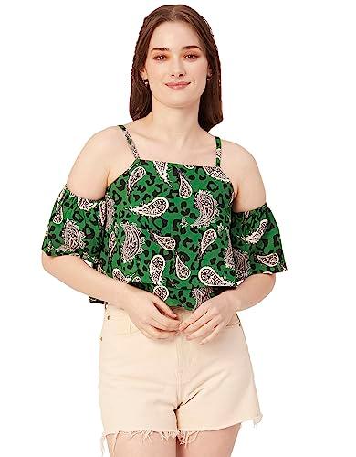 moomaya women printed off shoulder viscose top, ruffled summer crop top