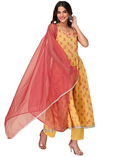 indya yellow block print cotton anarkali kurta with pants and organza dupatta (set of 3)