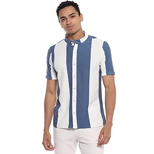 campus sutra men's blue & white balanced striped men's shirt for casual wear | spread collar | short sleeve | button closure | shirt crafted with comfort fit for everyday wear