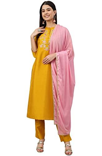 janasya women's mustard poly silk solid kurta with pant and dupatta