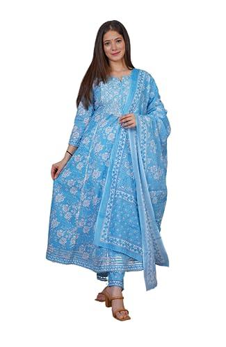 meera fab women's cotton printed embrodriery anarkali kurta with palazzo & dupatta set, blue, xl