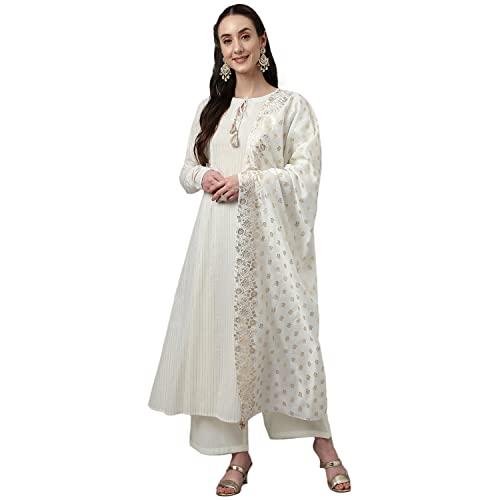 fiorra women's off white pure cotton flared kurta with palazzo and dupatta set0074-s