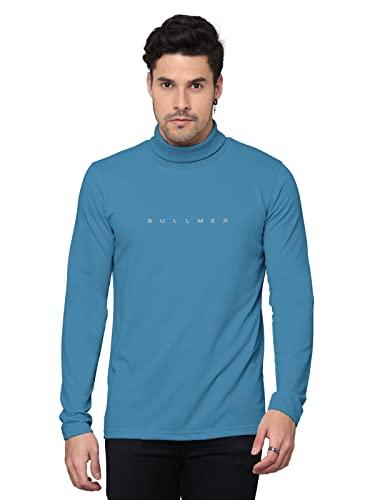 bullmer solid cotton blended full sleeve turtle neck tshirt for men -turquoise blue/medium