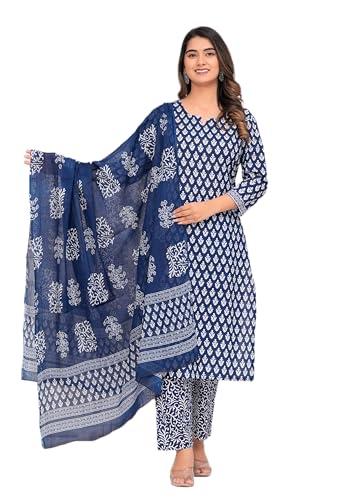 meera fab women's cotton printed straight kurta with palazzo & dupatta set blue