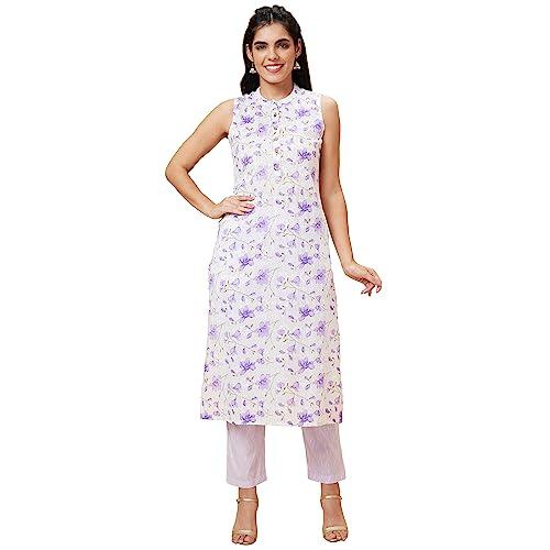 globus women lilac printed straight kurta set with trouser-3638030002