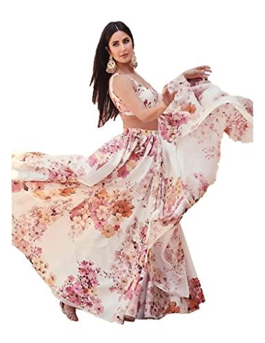 sidhidata women's georgette digital printed stitched lehenga choli set 0.80 mtr printed unstitched blouse, stylish georgette printed dupatta (katrina kaif lehenga with choli; free size), cream