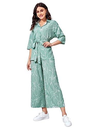 greciilooks women co ord set| collared self belted allover print| half sleeve shirt| straight shirt with belt| women two-piece outfits| summer wear| outdoor wear (medium, light green)