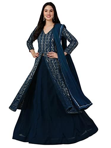 trendmalls women's georgette embroidery salwar suit set kurta lehenga with dupatta (g114-morpeach-l)