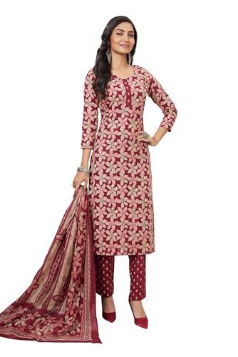 miraan unstitched printed cotton salwar suit material for women (band2913, maroon, free size)