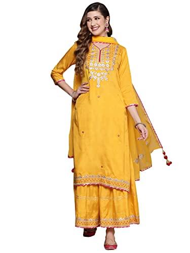 ishin women's silk blend embroidered a-line kurta suit set with dupatta & sharara inwsd070_yl_l_yellow