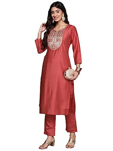 ishin women's silk blend solid red straight kurta suit set with pants