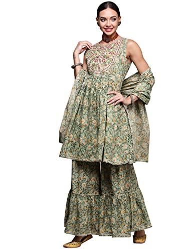 anubhutee women's cotton green ethnic motifs printed anarkali kurta suit set with sharara and dupatta